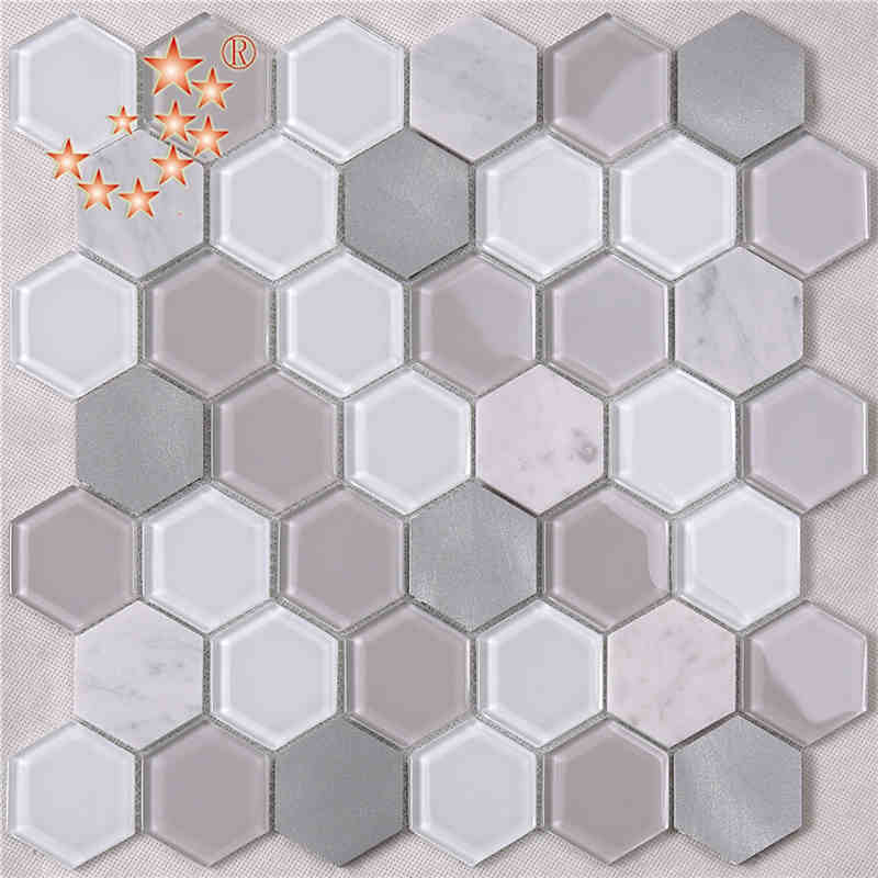 Senaste design Kök och badrum Inredning Waterjet Hexagon Metallglas Blandat marmorgolv Mosaikplattor