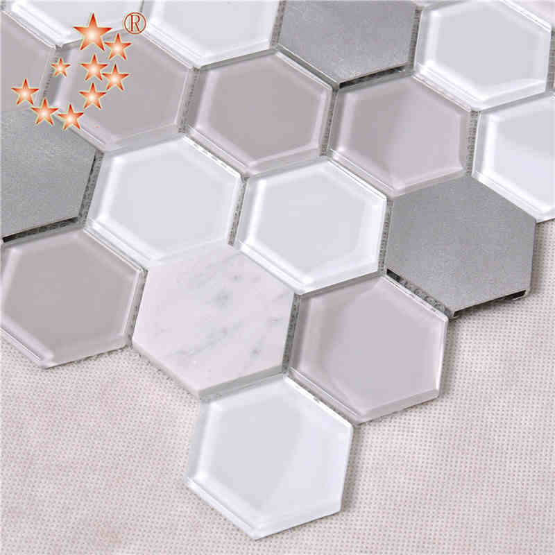 Senaste design Kök och badrum Inredning Waterjet Hexagon Metallglas Blandat marmorgolv Mosaikplattor