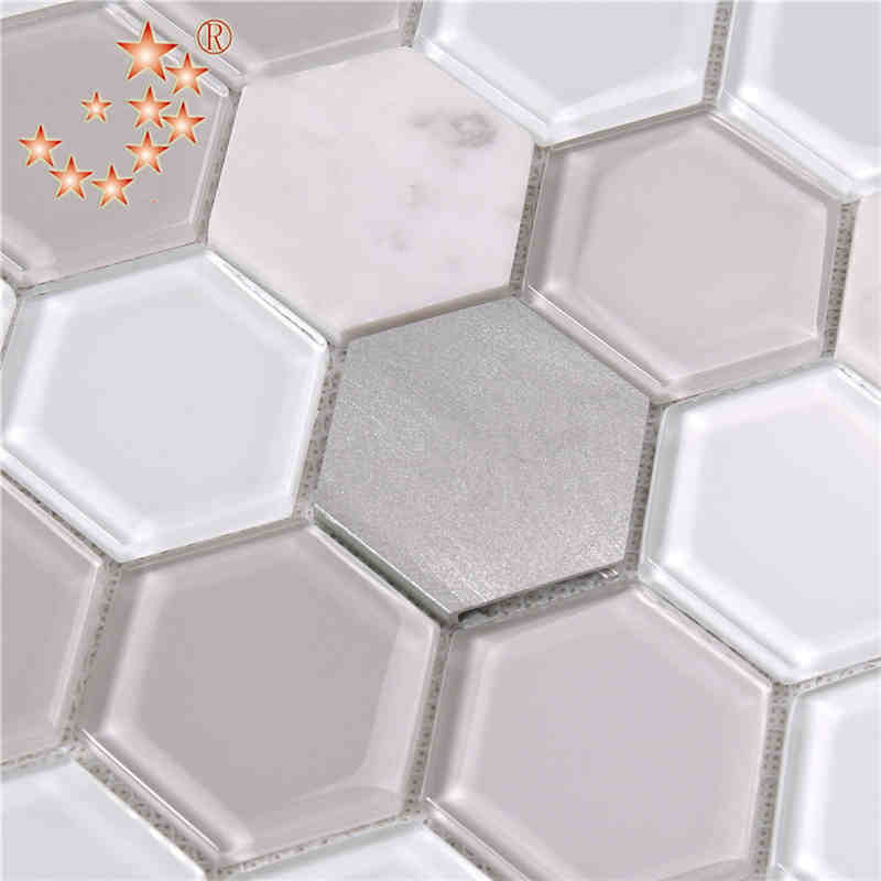 Senaste design Kök och badrum Inredning Waterjet Hexagon Metallglas Blandat marmorgolv Mosaikplattor