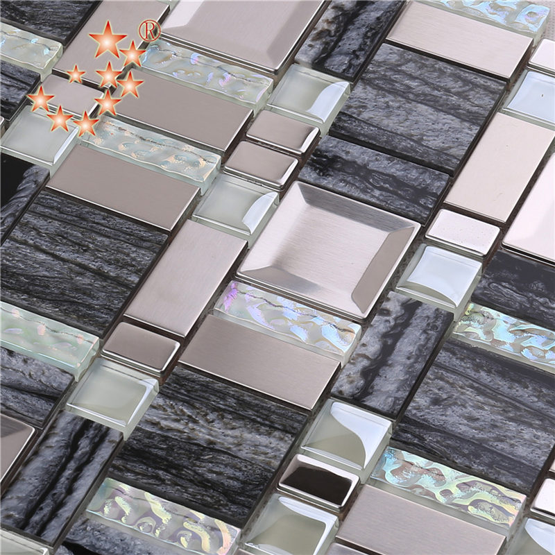 AE48 Byggnadsmaterial Rostfritt stål Mix Harts Crystal Glass Mosaic TIle Home Decor Walls