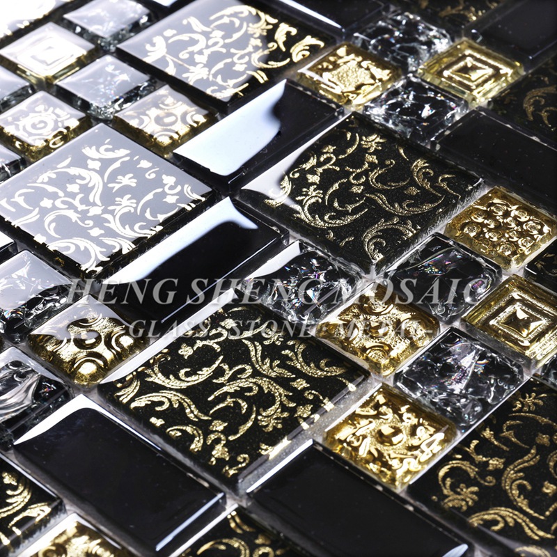 HDT02 Arabesque New Design Guldlinje Laminerad svart glasskonst Blomma Mosaikmönsterplattor för kök Backsplash Wall
