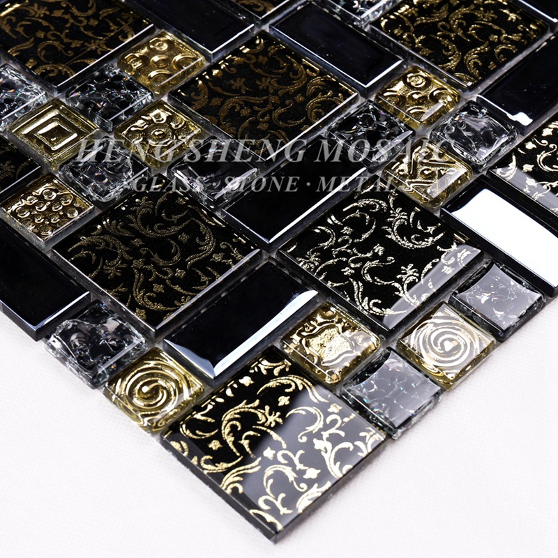 HDT02 Arabesque New Design Guldlinje Laminerad svart glasskonst Blomma Mosaikmönsterplattor för kök Backsplash Wall